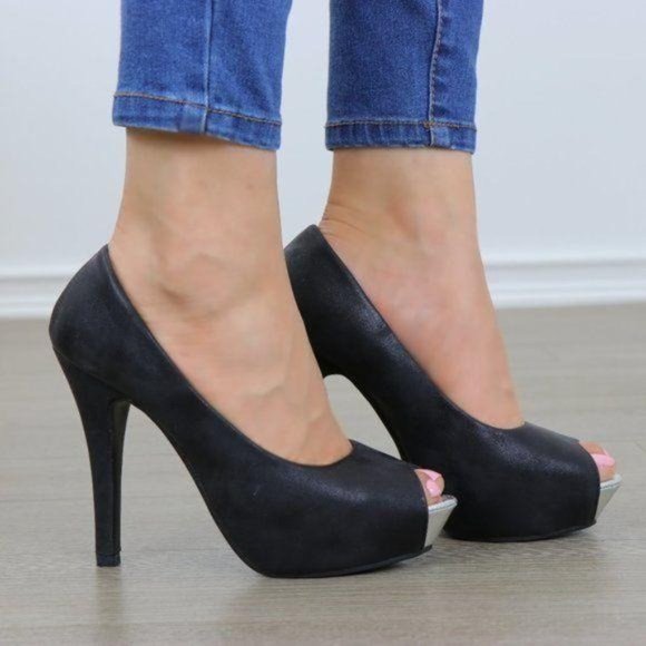 Sexy Black Metallic Peep Toe Platform High Heels - Picture 8 of 9